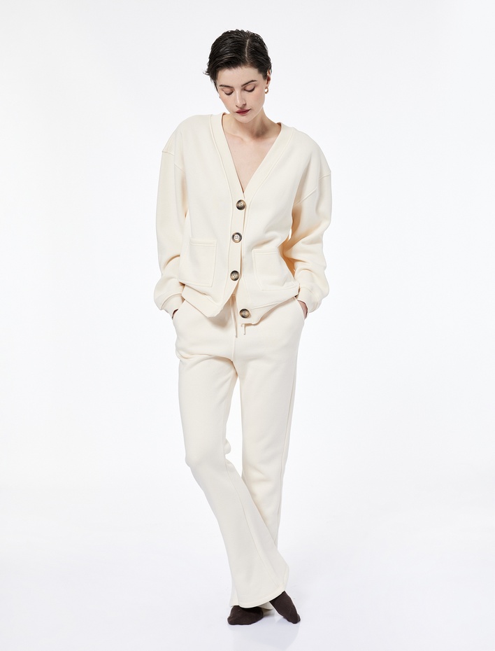  V Yaka Uzun Kollu Rahat Kesim Cepli Triko Pijama Üstü