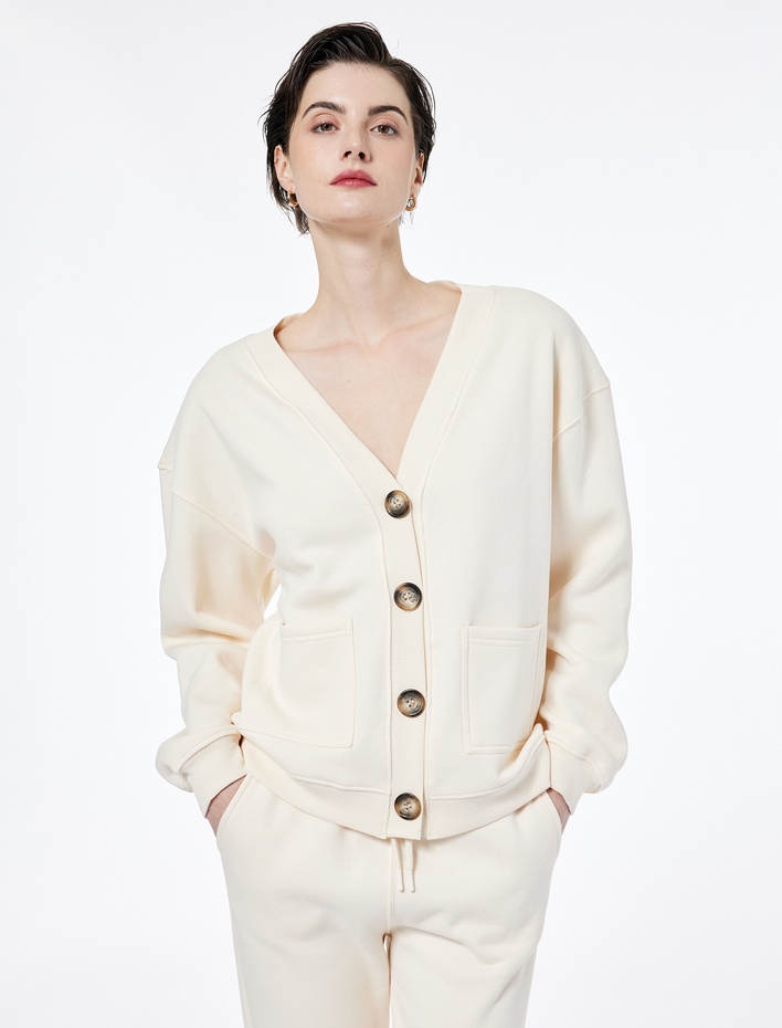  V Yaka Uzun Kollu Rahat Kesim Cepli Triko Pijama Üstü