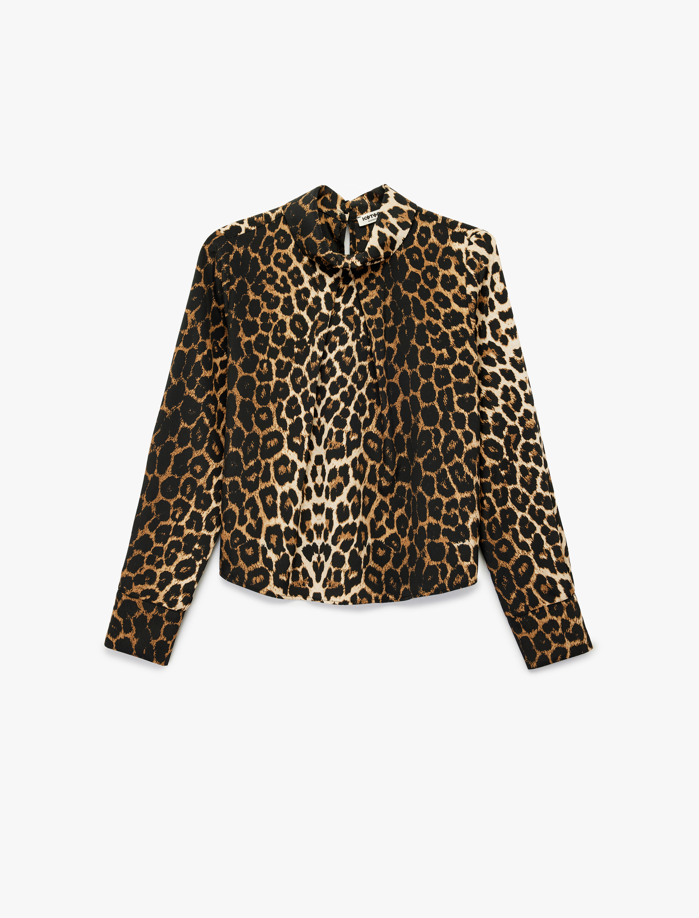   Uzun Kollu Dik Yaka Leopar Desenli Bluz