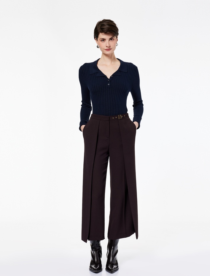  Kemer Detaylı Bilek Boy Geniş Paça Krep Palazzo Pantolon