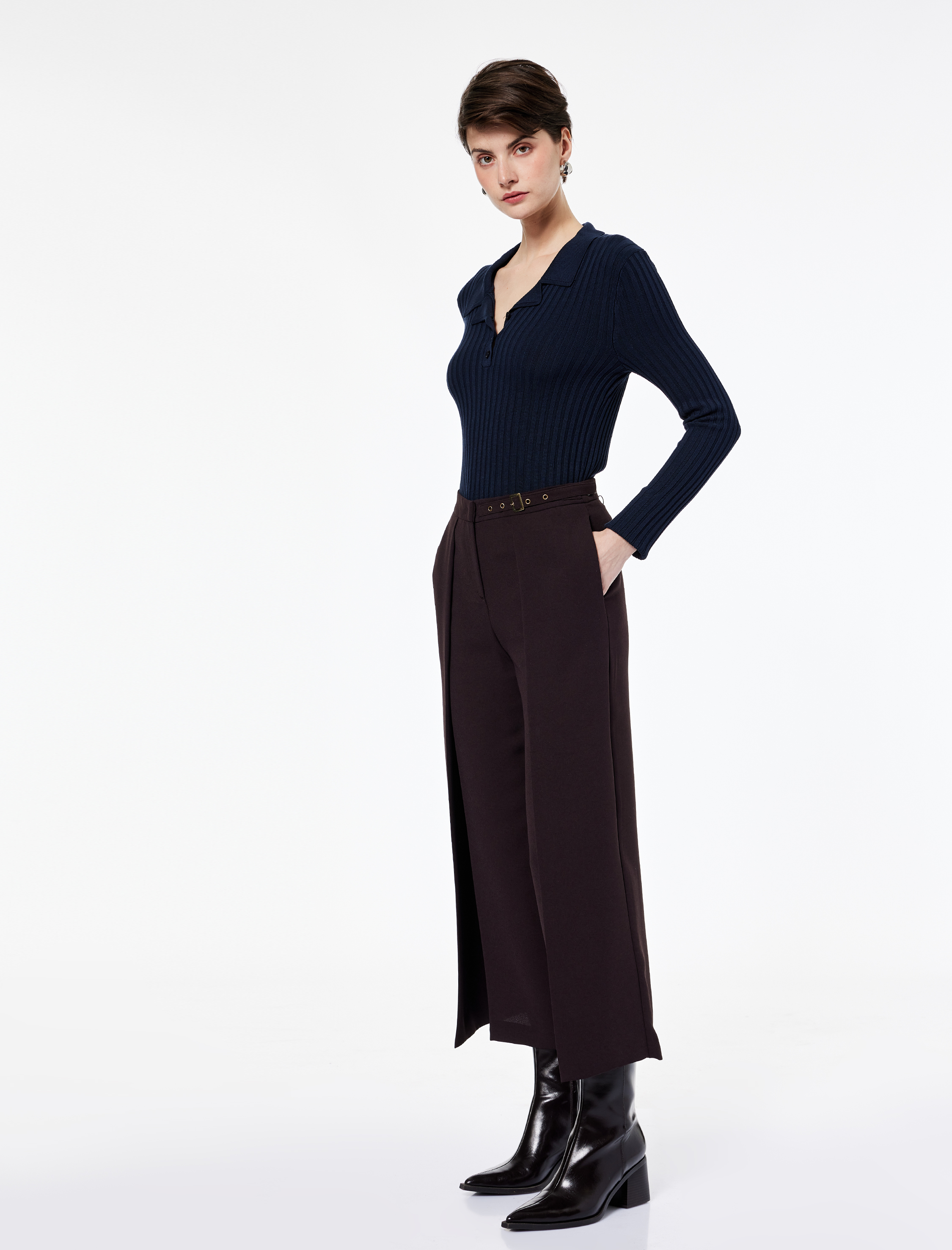   Kemer Detaylı Bilek Boy Geniş Paça Krep Palazzo Pantolon