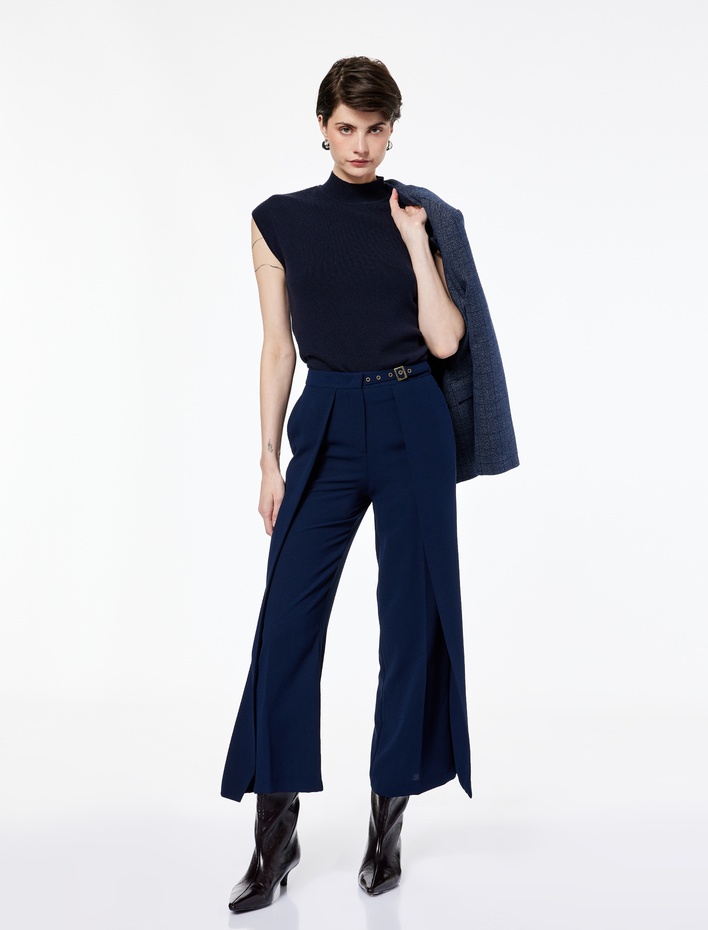  Kemer Detaylı Bilek Boy Geniş Paça Krep Palazzo Pantolon