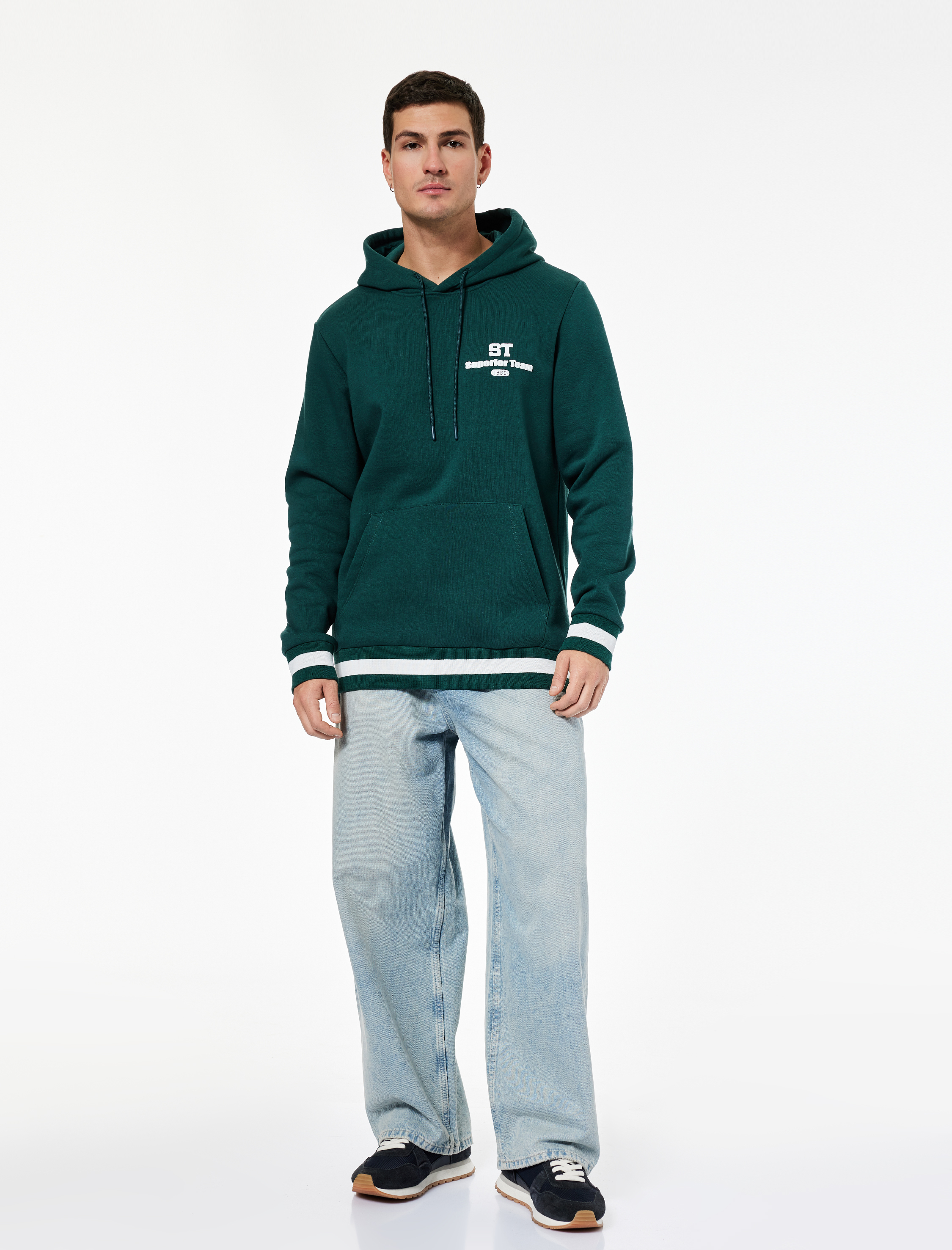   Kapşonlu Uzun Kollu Çizgili Kanguru Cepli Baskılı Sweatshirt