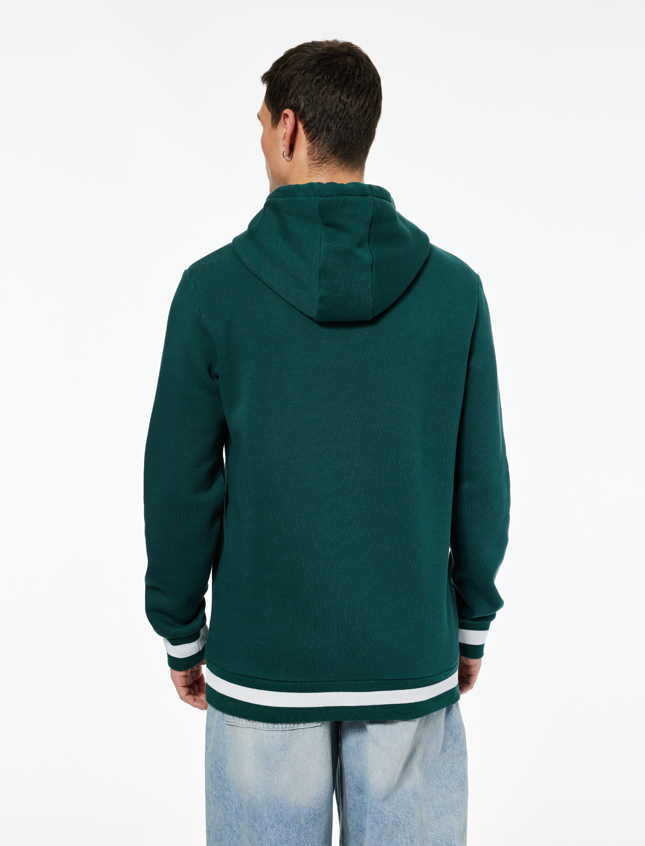   Kapşonlu Uzun Kollu Çizgili Kanguru Cepli Baskılı Sweatshirt