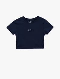 Slim Fit Kısa Kollu Bisiklet Yaka Baskılı Crop Spor Tişört