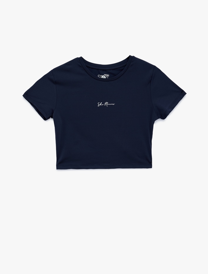  Slim Fit Kısa Kollu Bisiklet Yaka Baskılı Crop Spor Tişört