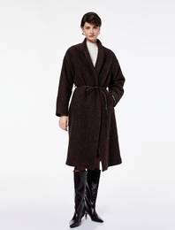 Koton X Sima Tarkan - Uzun Kollu Kemerli Uzun Alpaka Yünlü Buklet Kaban