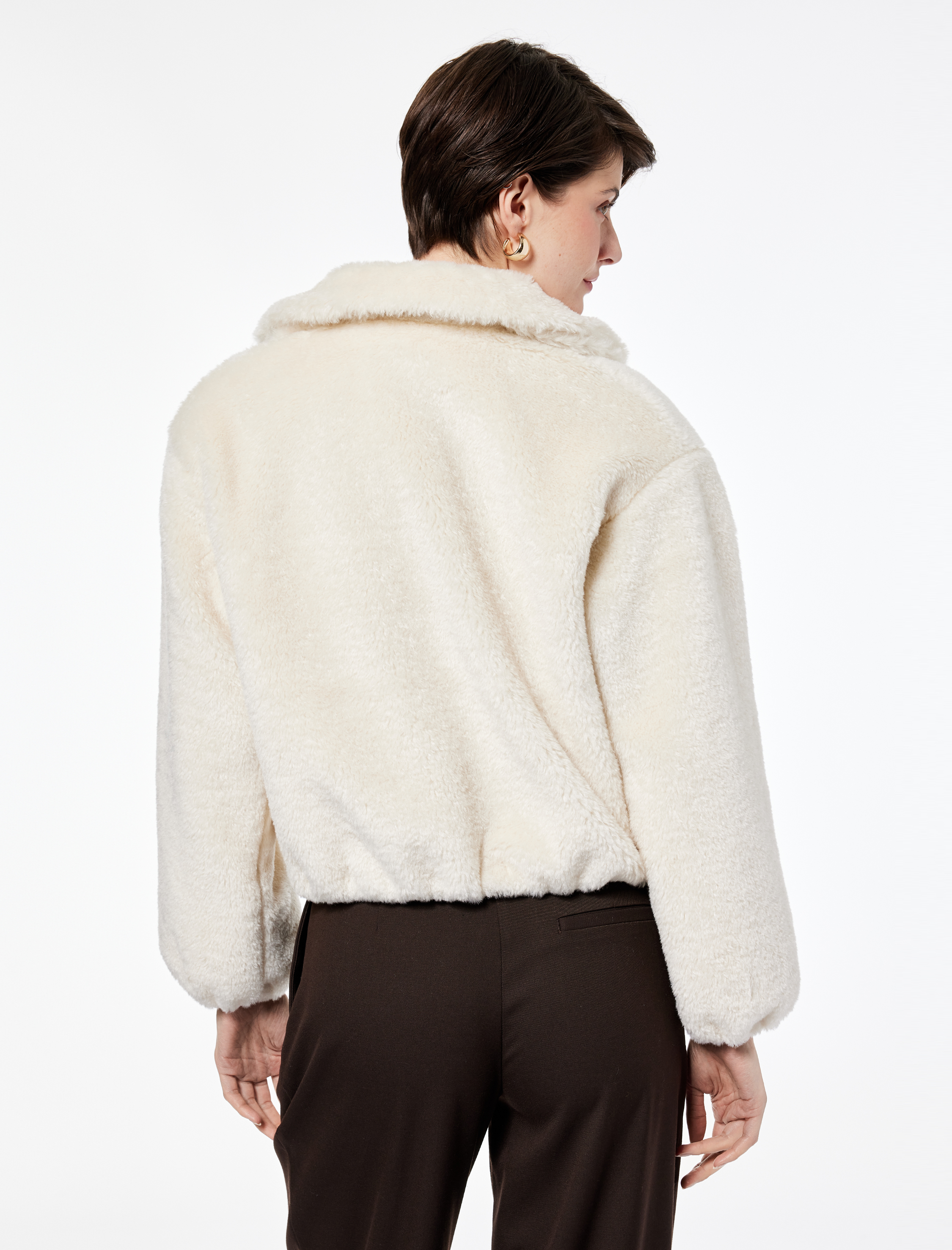   Uzun Kollu Cepli Fermuarlı Crop Peluş Bomber Ceket