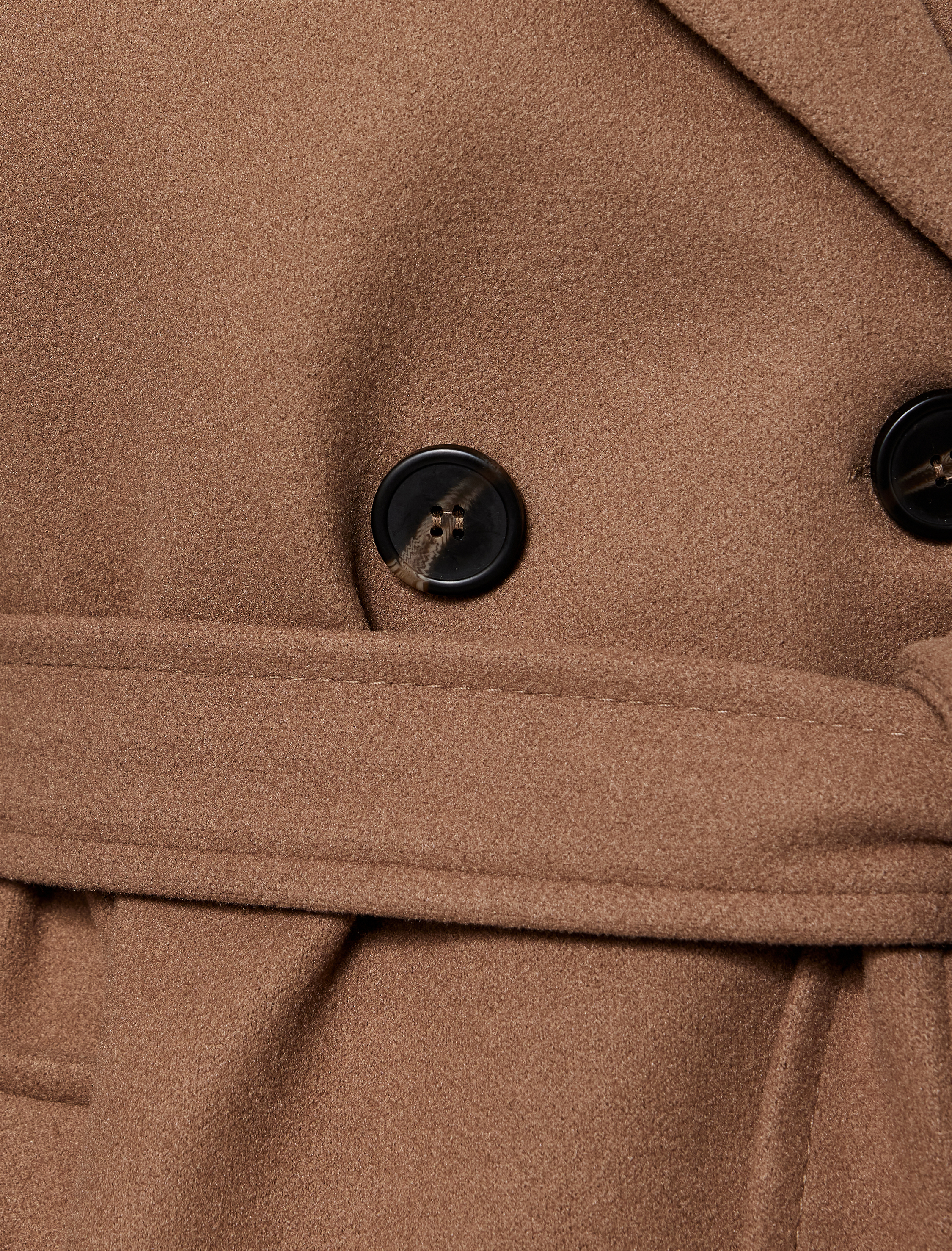   Uzun Kollu Cepli Düğmeli Kemerli Kruvaze Kaşe Kaban