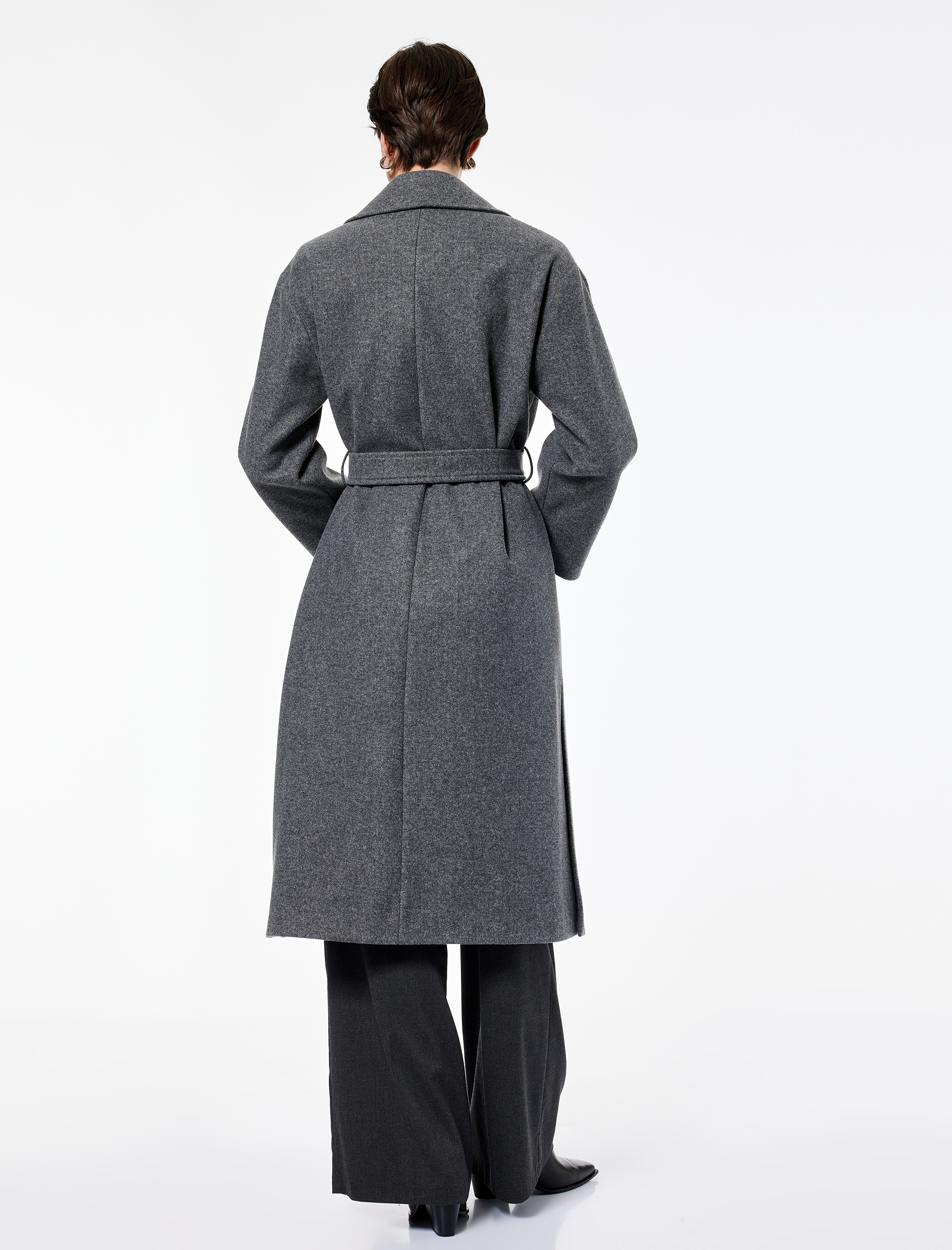   Uzun Kollu Cepli Kemerli Uzun Kaşe Kaban