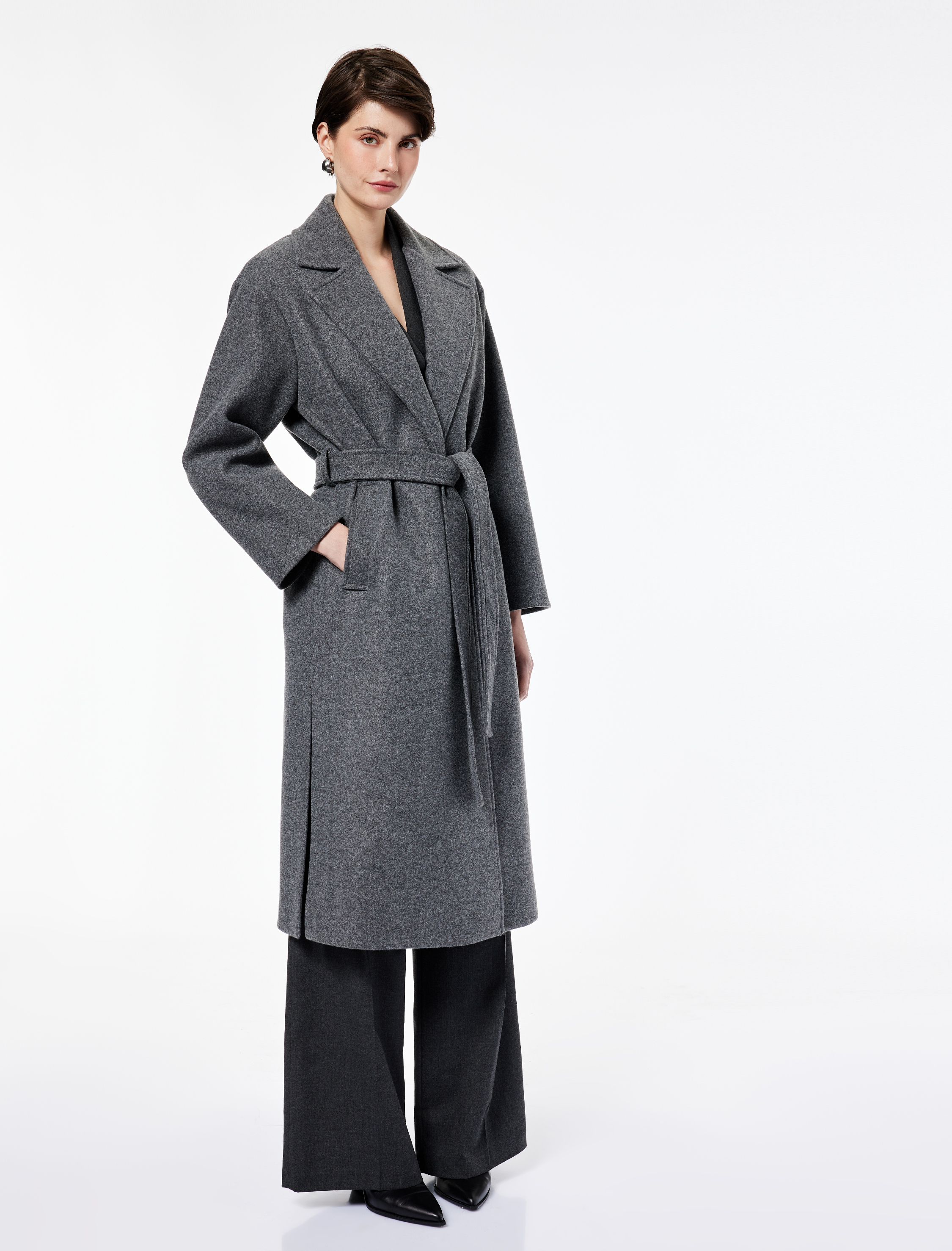   Uzun Kollu Cepli Kemerli Uzun Kaşe Kaban