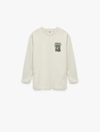 Dinozor Baskılı Uzun Kollu Bisiklet Yaka Pamuklu Tişört