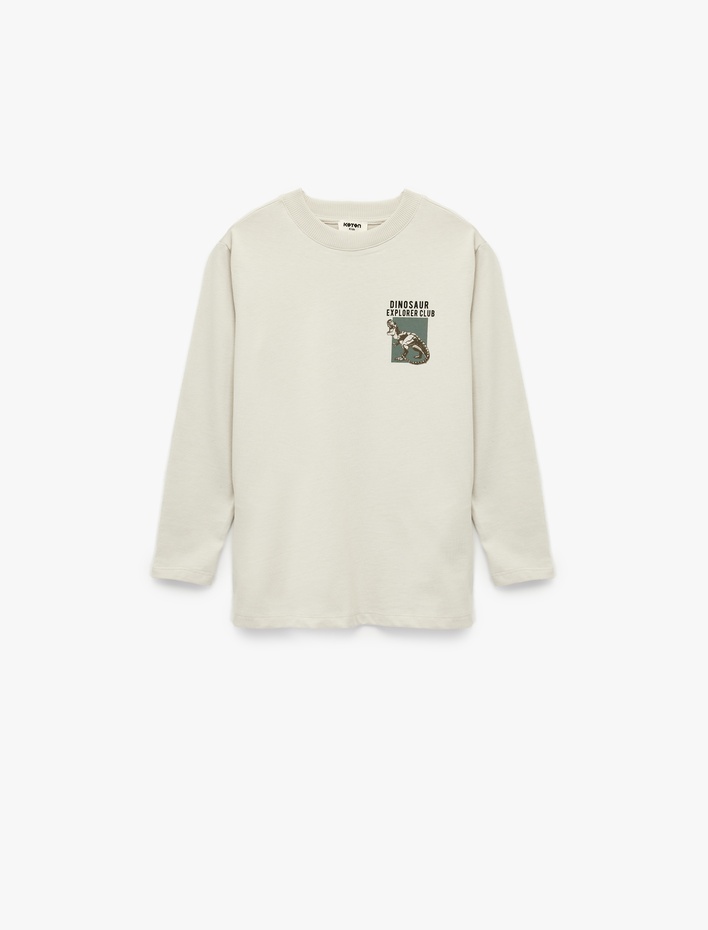 Erkek Çocuk Dinozor Baskılı Uzun Kollu Bisiklet Yaka Pamuklu Tişört