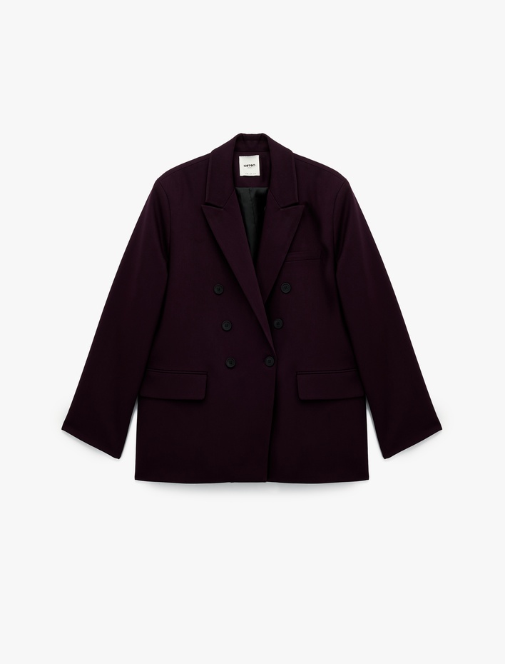  Düğmeli Cep Detaylı Uzun Kollu Kruvaze Yaka Blazer Ceket