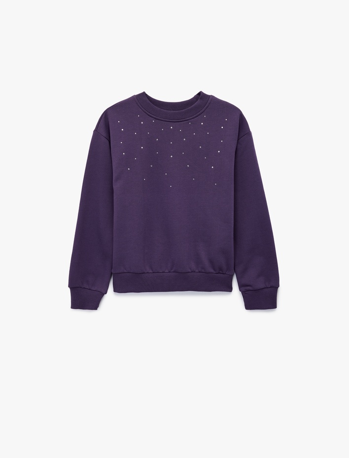 Kız Çocuk Taş Detaylı Uzun Kollu Bisiklet Yaka Şardonlu Pamuklu Sweatshirt