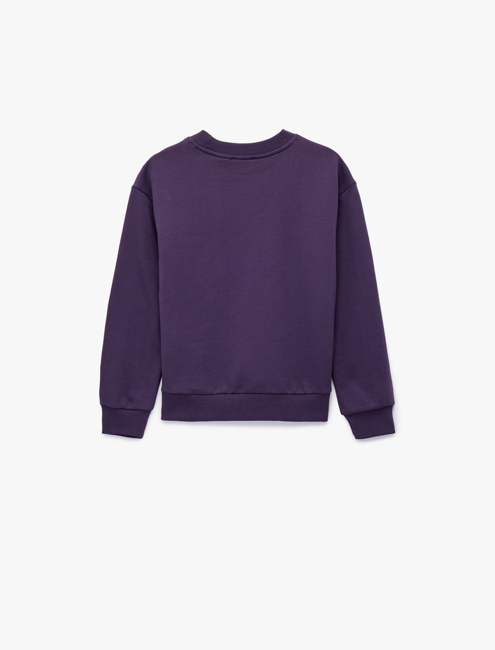 Kız Çocuk Taş Detaylı Uzun Kollu Bisiklet Yaka Şardonlu Pamuklu Sweatshirt