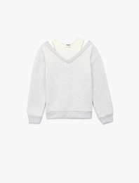 Atlet Detaylı Uzun Kollu V Yaka Pamuklu Sweatshirt