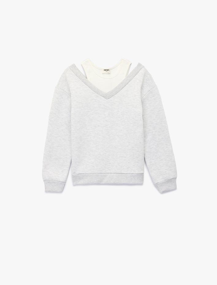 Kız Çocuk Atlet Detaylı Uzun Kollu V Yaka Pamuklu Sweatshirt