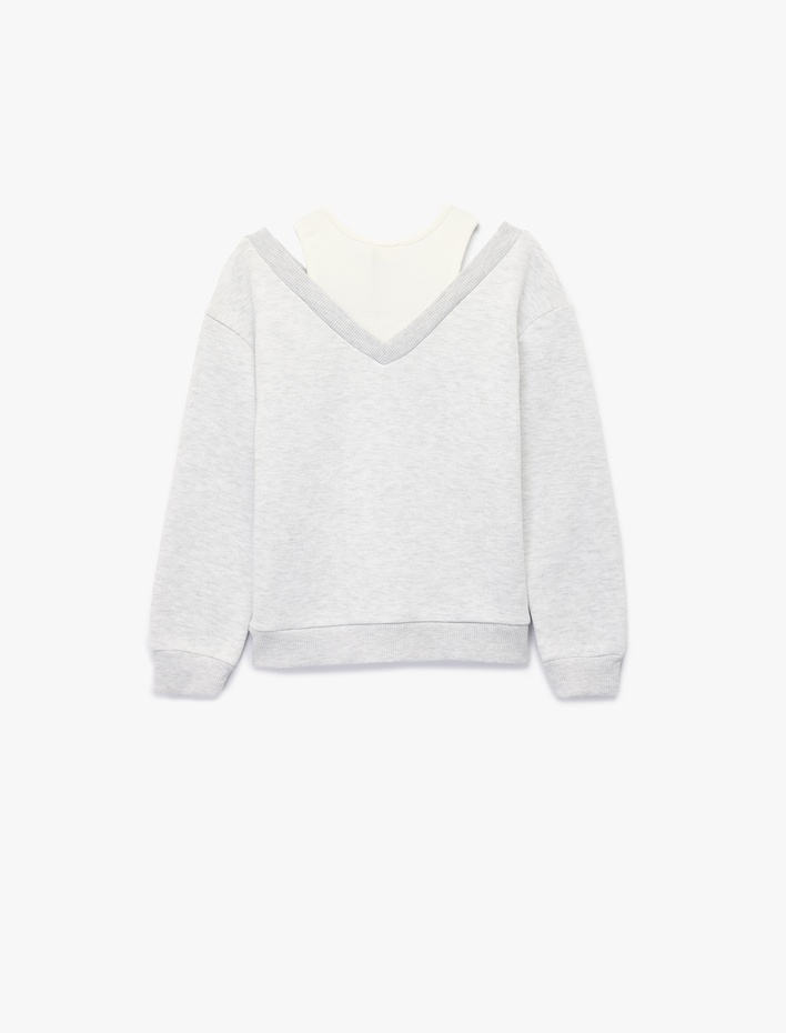 Kız Çocuk Atlet Detaylı Uzun Kollu V Yaka Pamuklu Sweatshirt