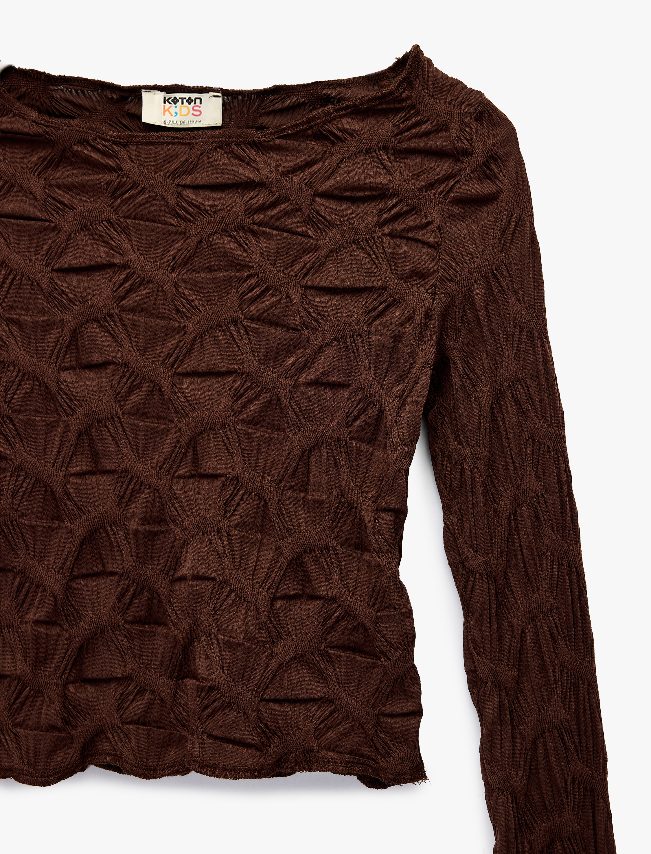  Kız Çocuk Dokulu Açık Omuzlu Uzun Kollu Tişört