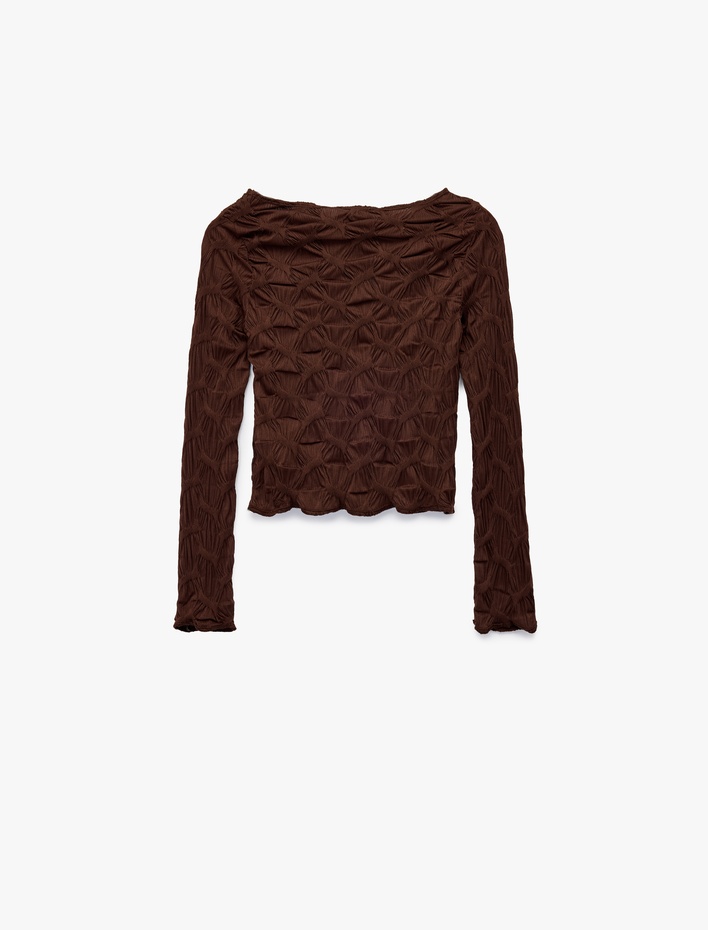 Kız Çocuk Dokulu Açık Omuzlu Uzun Kollu Tişört