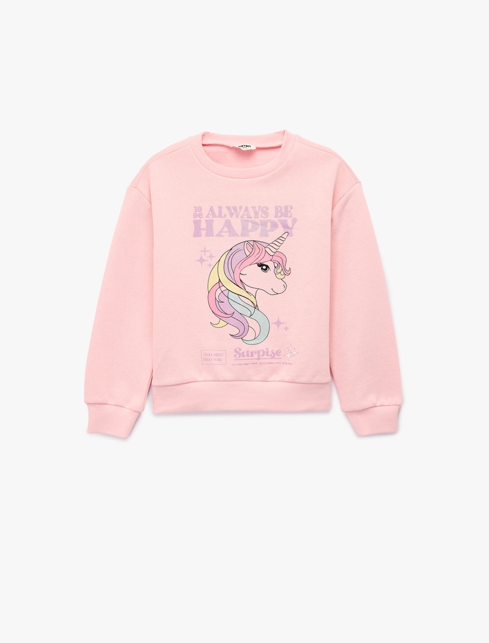 Kız Çocuk Pamuklu Uzun Kollu Unicorn Baskılı Şardonlu Sweatshirt