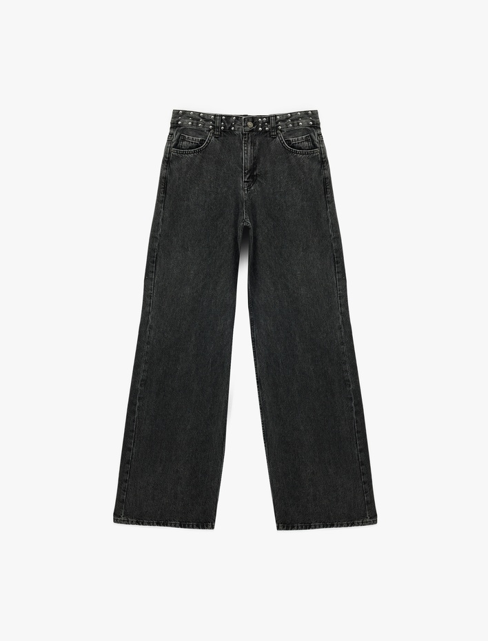  Normal Bel Troklu Pamuklu Geniş Paça Jean Pantolon - Wide Leg Jeans