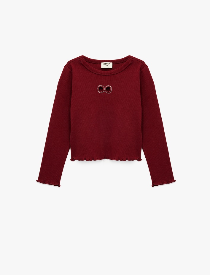 Kız Çocuk Uzun Kollu Bisiklet Yaka Fiyonk Pencere Detaylı Kaşkorse Tişört