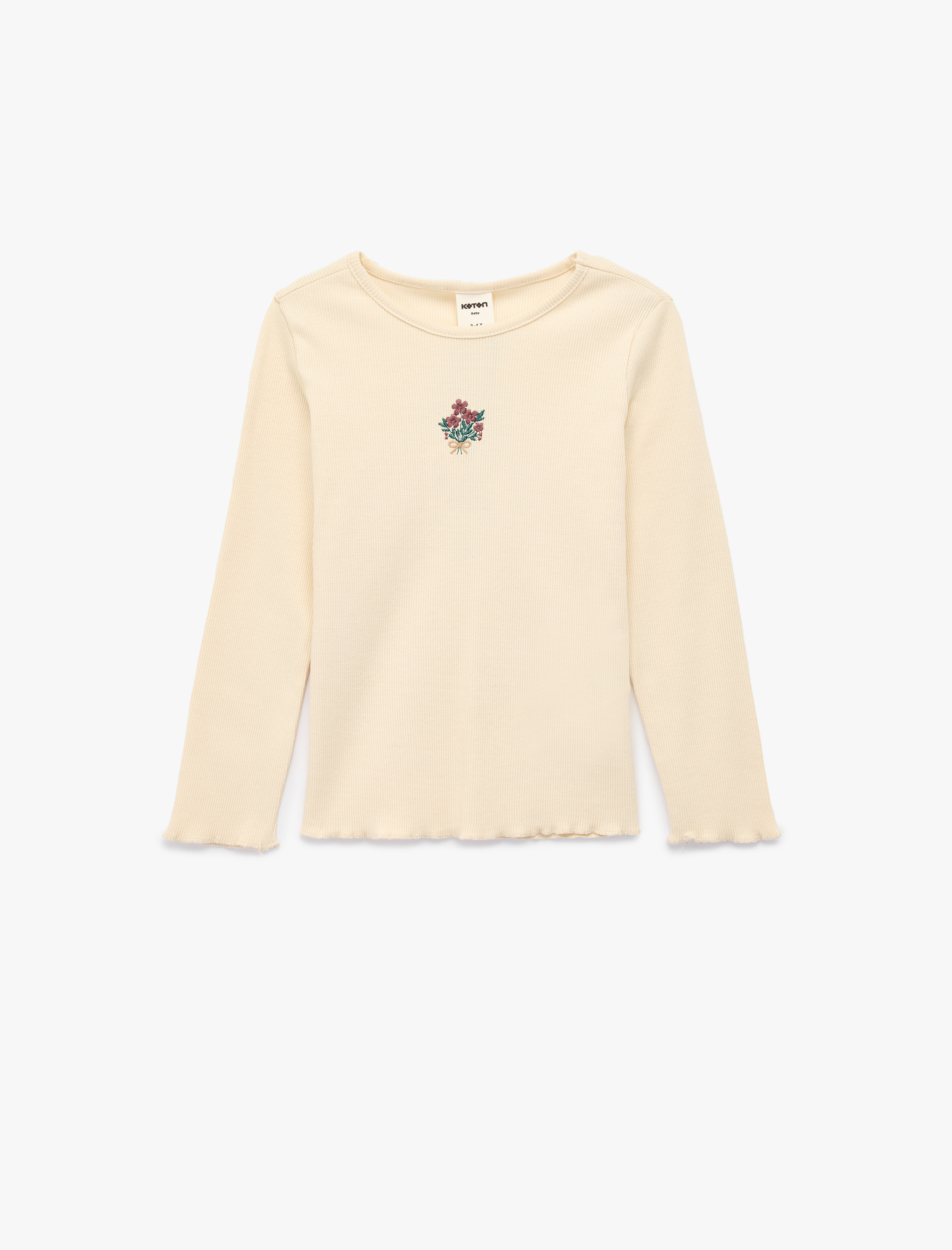  Kız Bebek Çiçek Nakış Detaylı Uzun Kollu Bisiklet Yaka Pamuklu Tişört