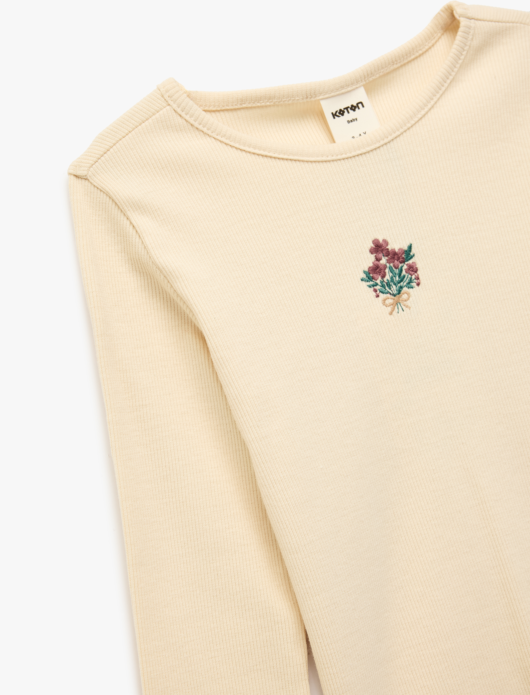  Kız Bebek Çiçek Nakış Detaylı Uzun Kollu Bisiklet Yaka Pamuklu Tişört