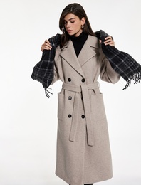 Uzun Kollu Cepli Kemerli Düğmeli Uzun Kaşe Kaban