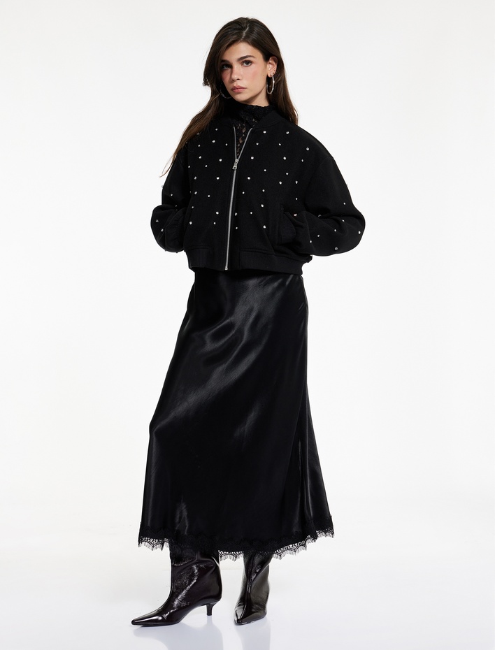  Uzun Kollu Cepli Kolej Yaka Fermuarlı Crop Taşlı Kaşe Bomber Ceket