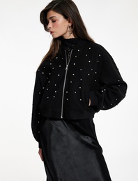 Uzun Kollu Cepli Kolej Yaka Fermuarlı Crop Taşlı Kaşe Bomber Ceket