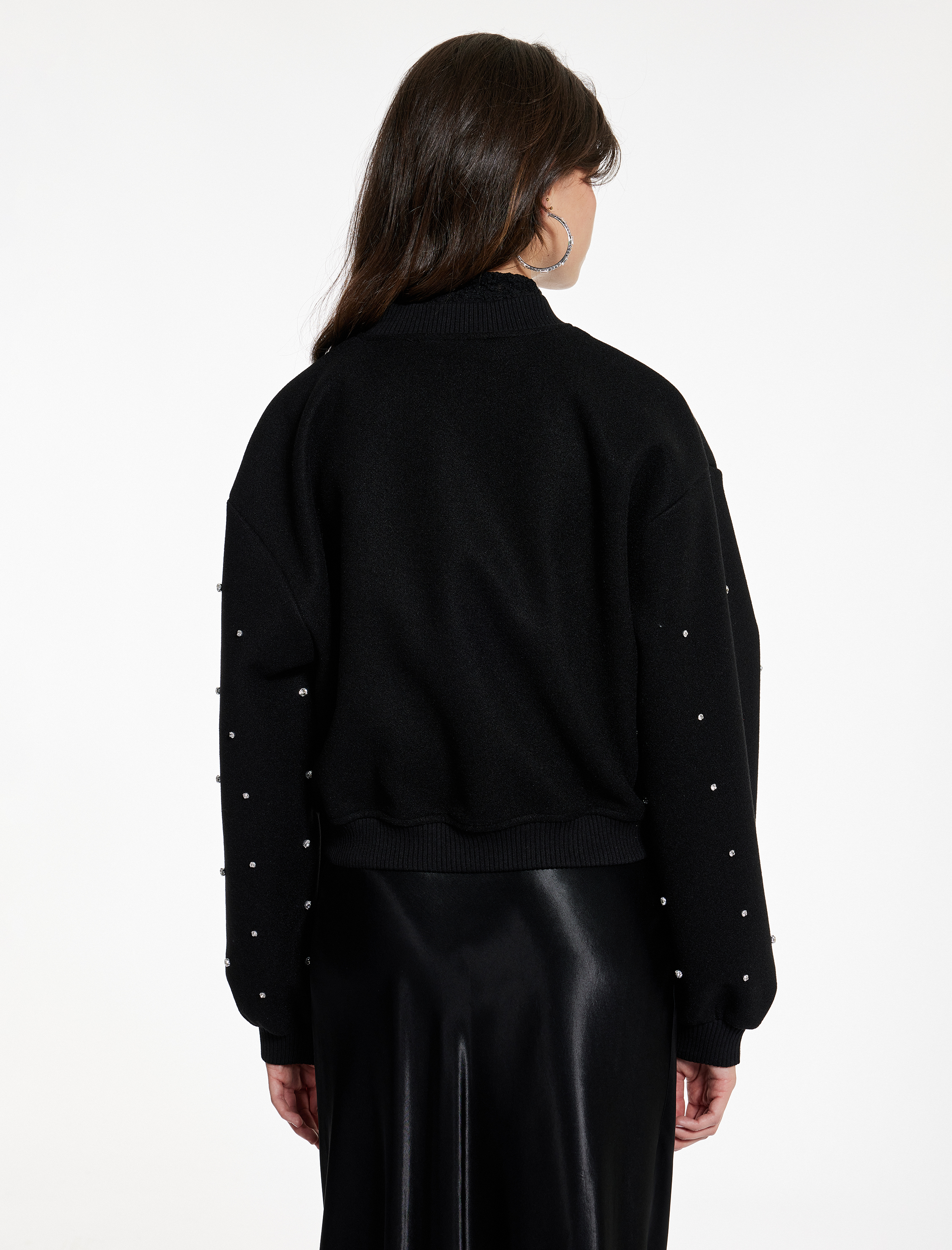   Uzun Kollu Cepli Kolej Yaka Fermuarlı Crop Taşlı Kaşe Bomber Ceket