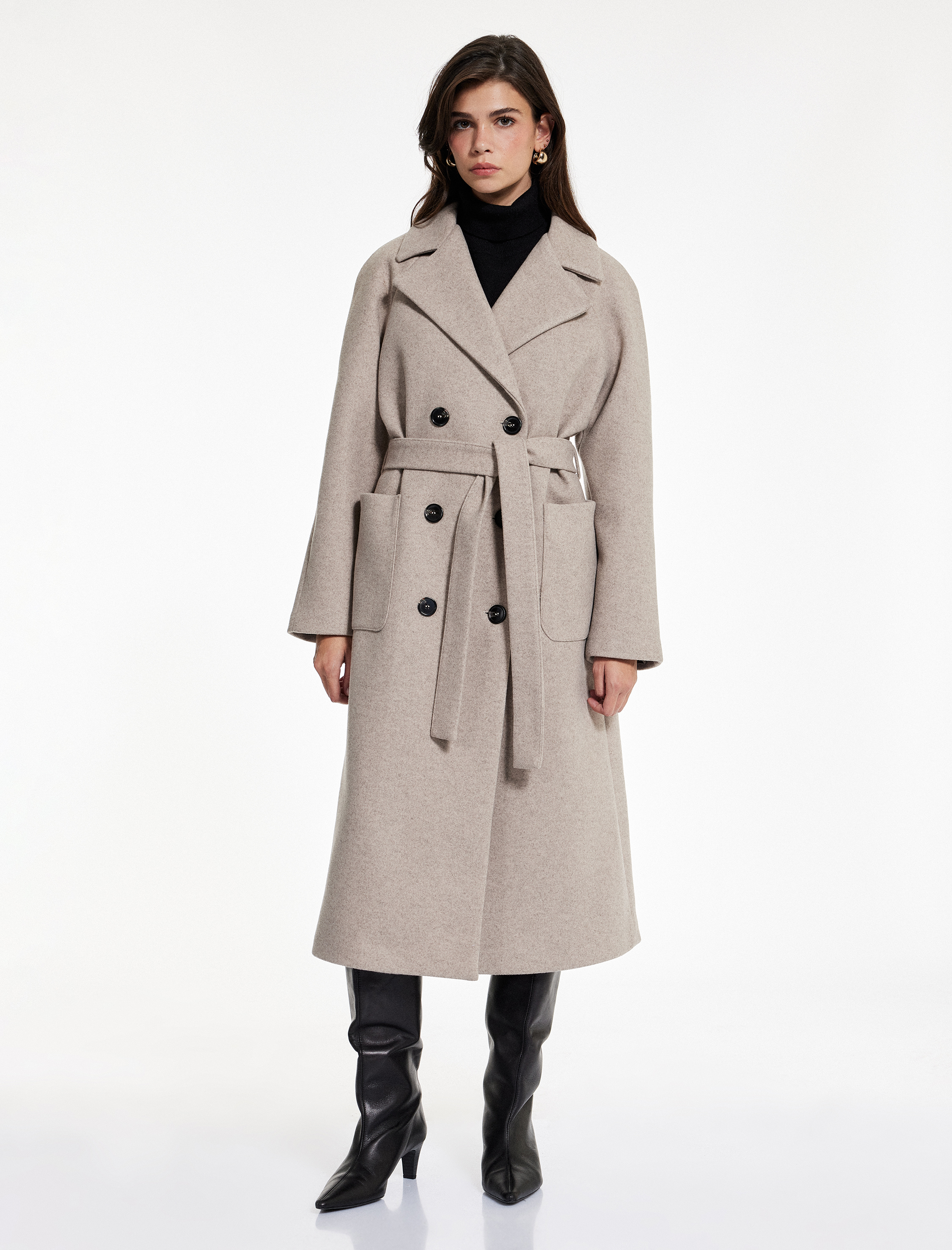   Uzun Kollu Cepli Kemerli Düğmeli Uzun Kaşe Kaban