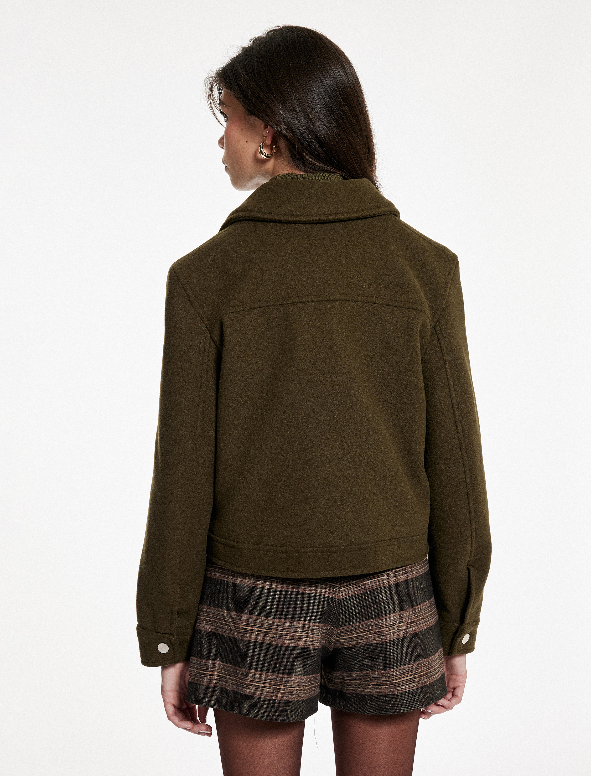   Uzun Kollu Fermuar Detaylı Cepli Crop Kaşe Ceket