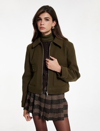 Uzun Kollu Fermuar Detaylı Cepli Crop Kaşe Ceket