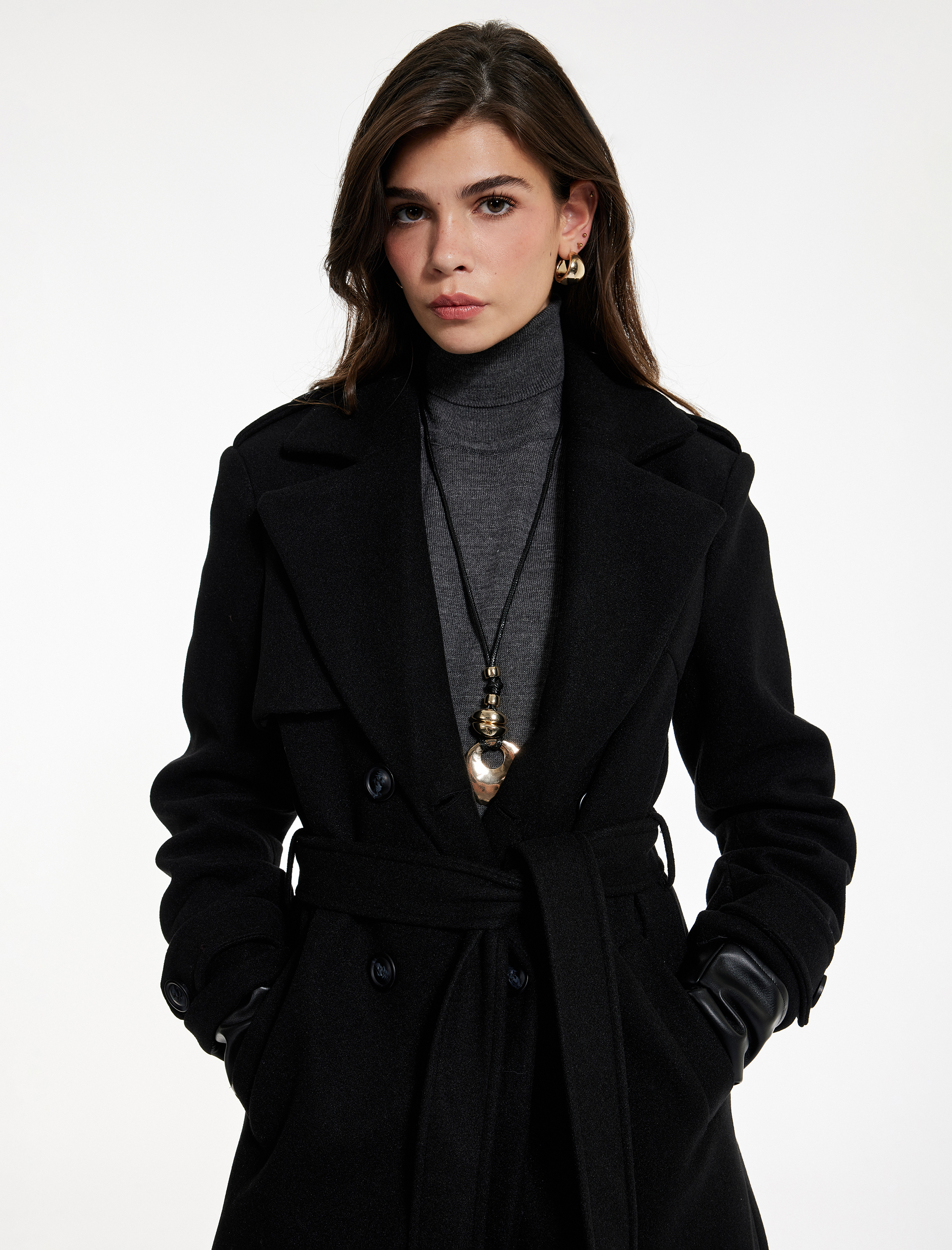   Uzun Kollu Cepli Düğmeli Kemerli Uzun Kruvaze Kaşe Kaban