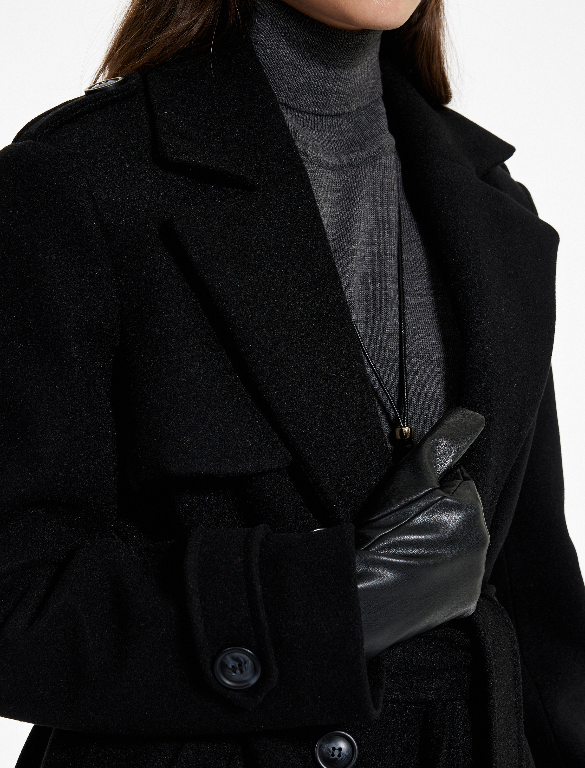   Uzun Kollu Cepli Düğmeli Kemerli Uzun Kruvaze Kaşe Kaban