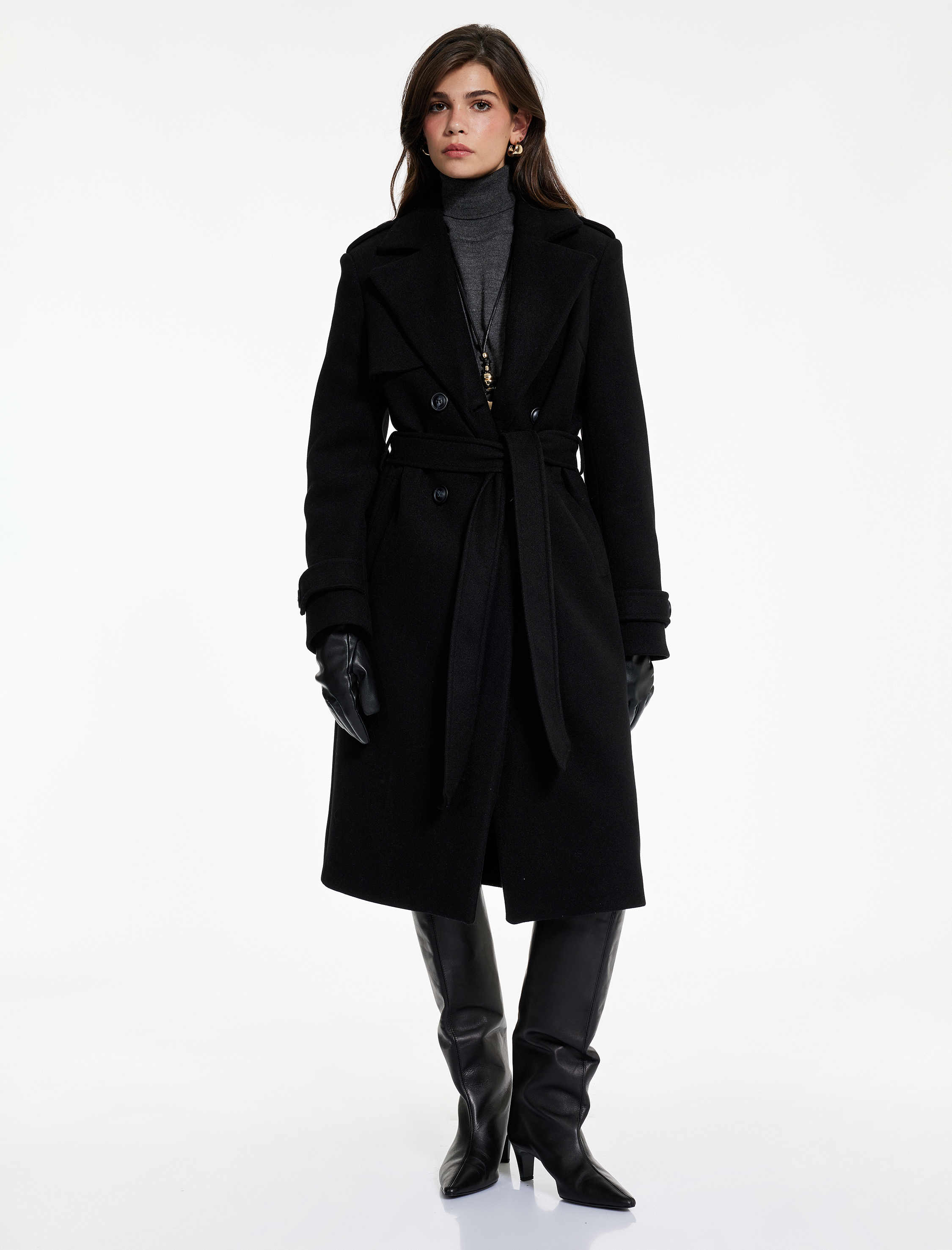   Uzun Kollu Cepli Düğmeli Kemerli Uzun Kruvaze Kaşe Kaban