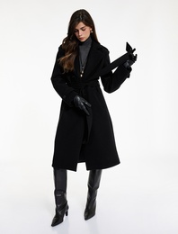 Uzun Kollu Cepli Düğmeli Kemerli Uzun Kruvaze Kaşe Kaban