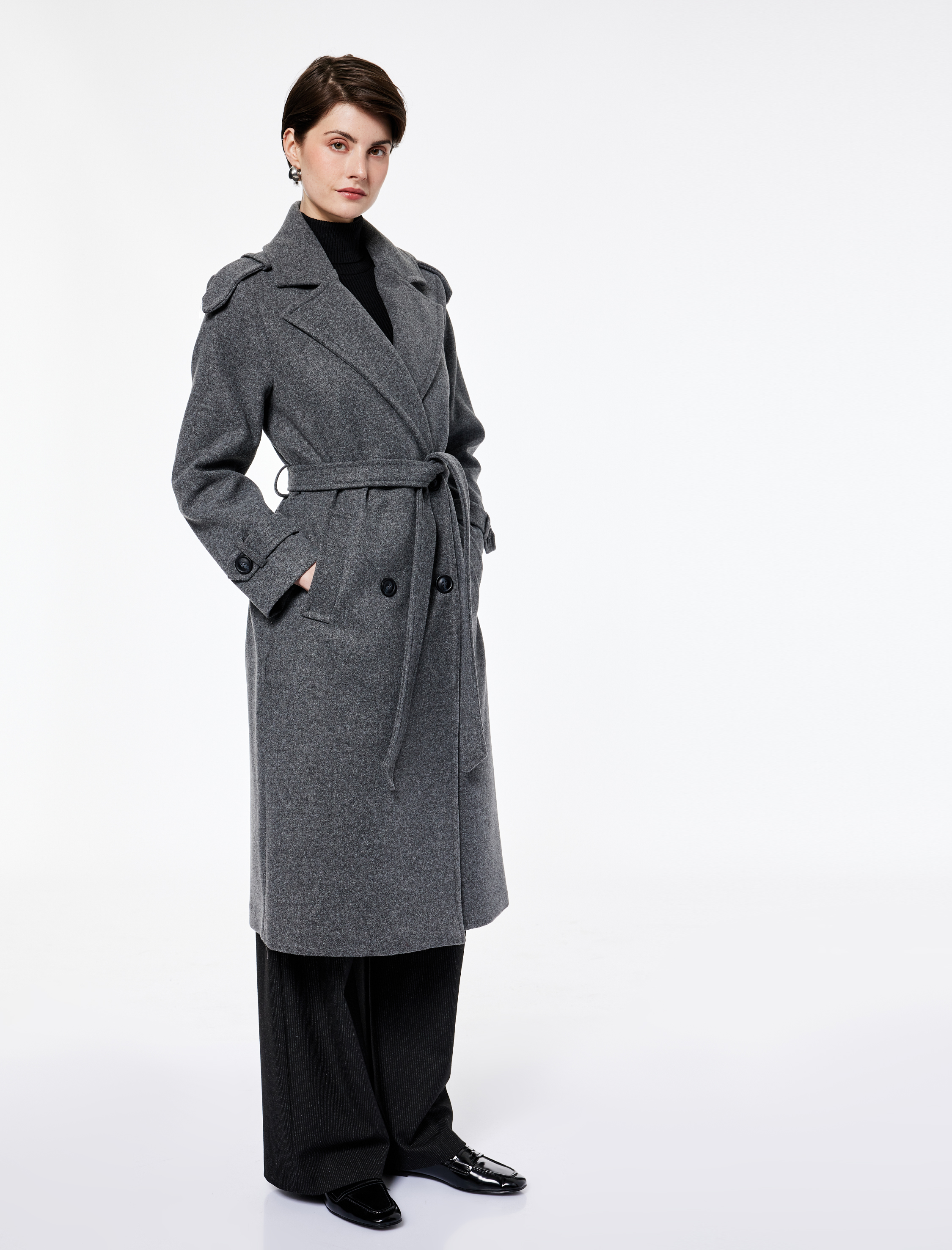   Cepli Uzun Kollu Kruvaze Kemerli Uzun Kaşe Kaban