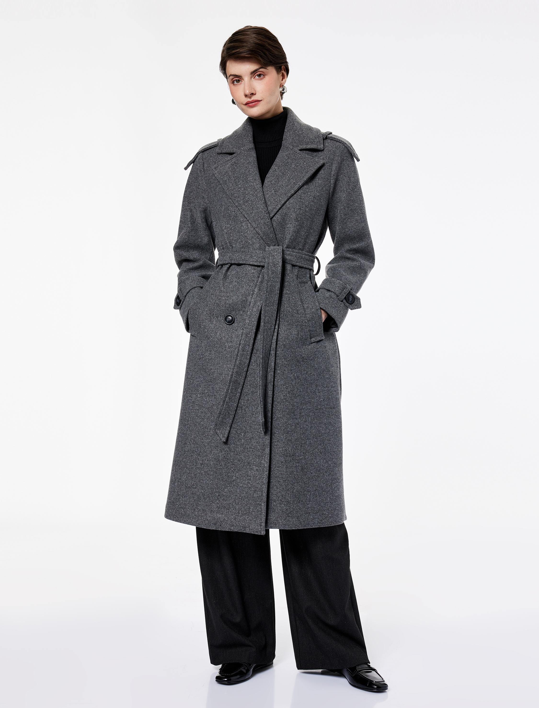   Cepli Uzun Kollu Kruvaze Kemerli Uzun Kaşe Kaban