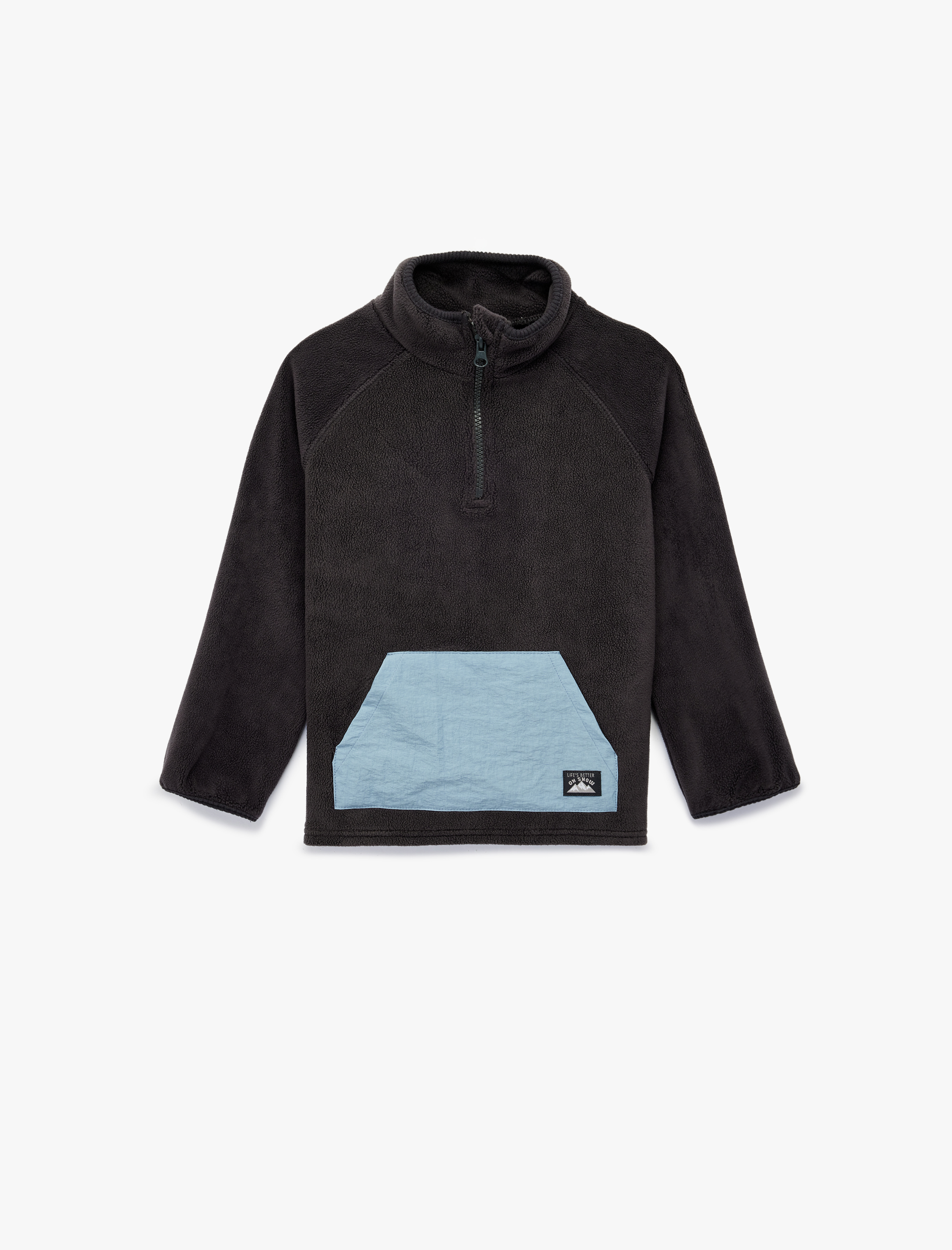  Erkek Bebek Dik Yaka Yarım Fermuarlı Kanguru Cepli Polar Sweatshirt