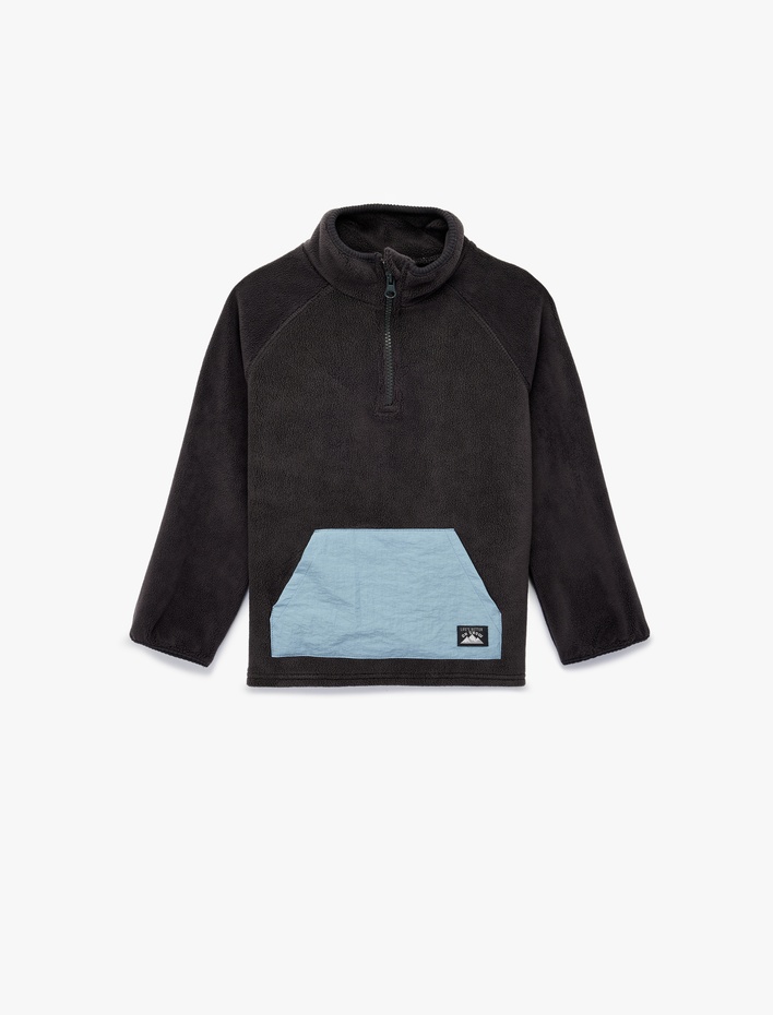 Erkek Bebek Dik Yaka Yarım Fermuarlı Kanguru Cepli Polar Sweatshirt