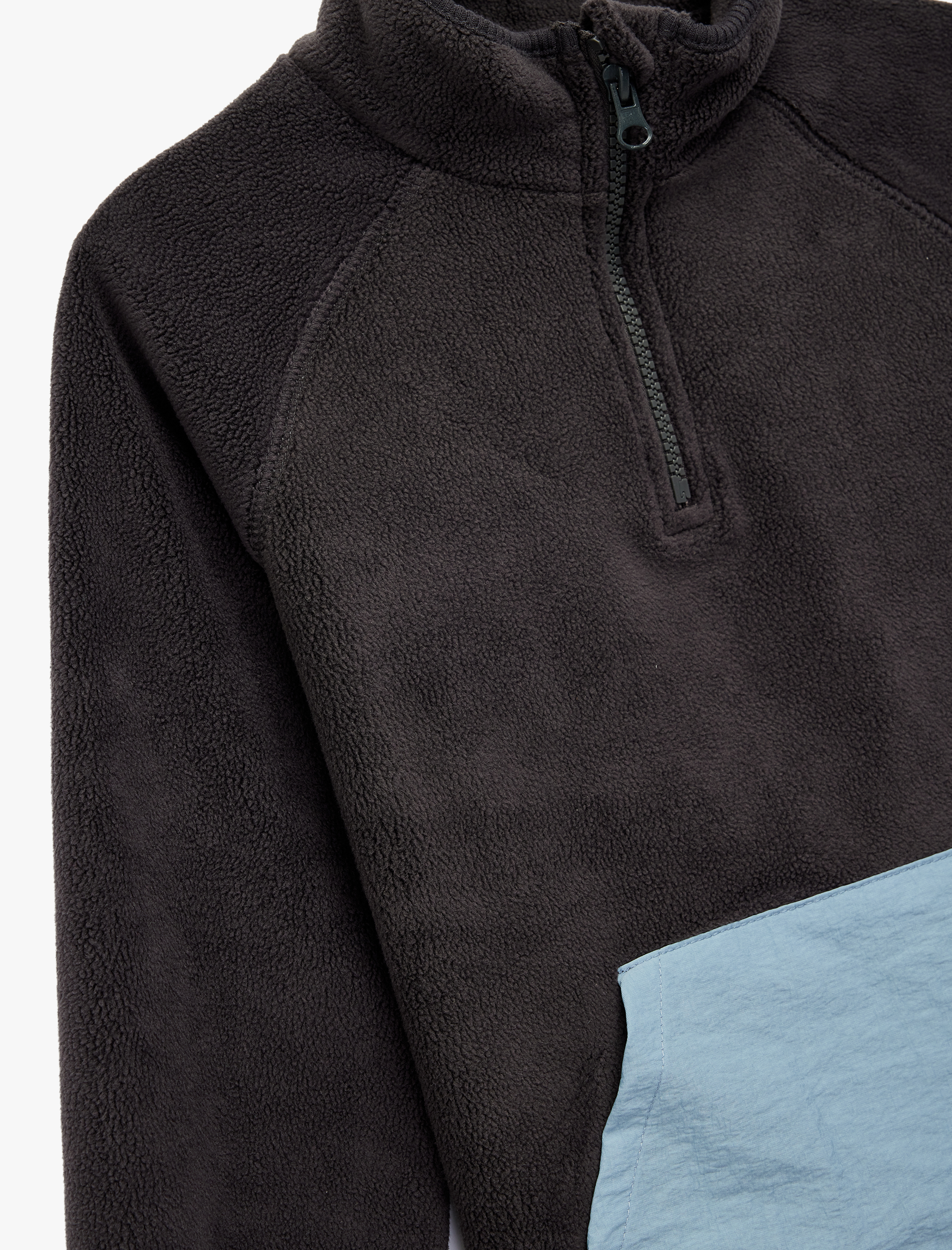  Erkek Bebek Dik Yaka Yarım Fermuarlı Kanguru Cepli Polar Sweatshirt