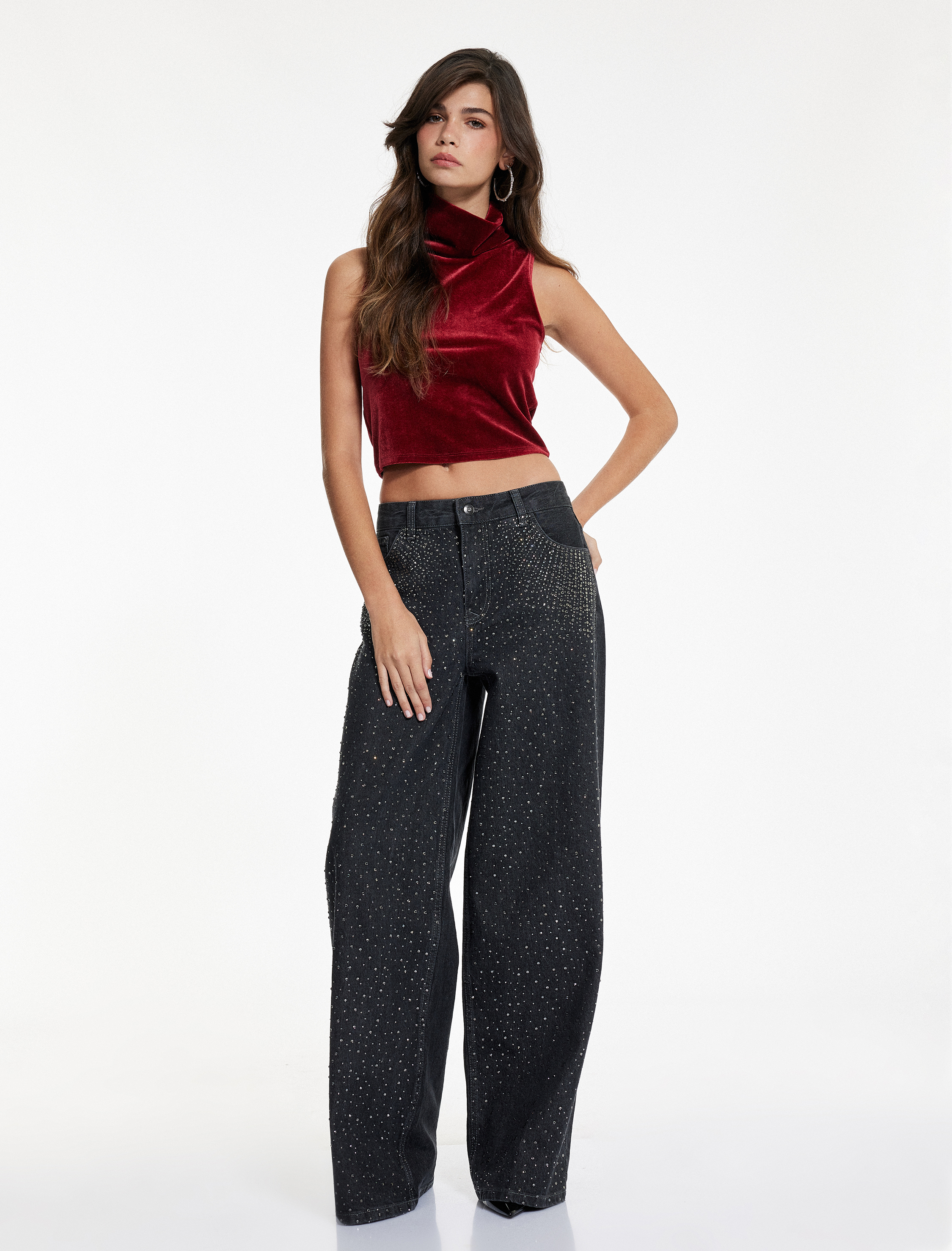   Slim Fit Dik Yaka Kolsuz Crop Kadife Bluz