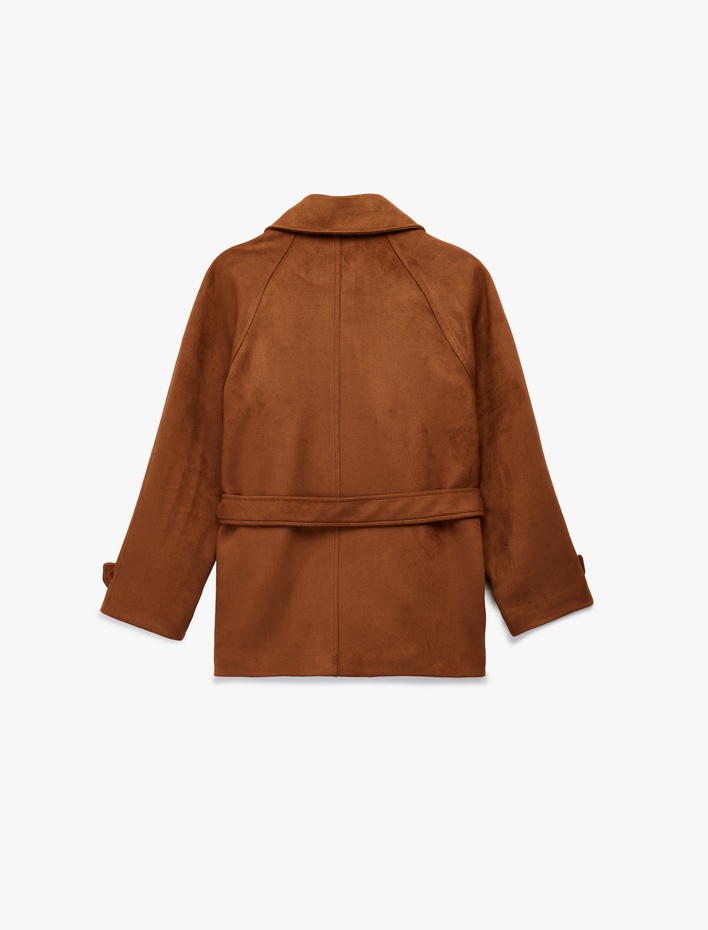  Kruvaze Yaka Cep Detaylı Kemerli Uzun Kollu Suni Süet Trençkot