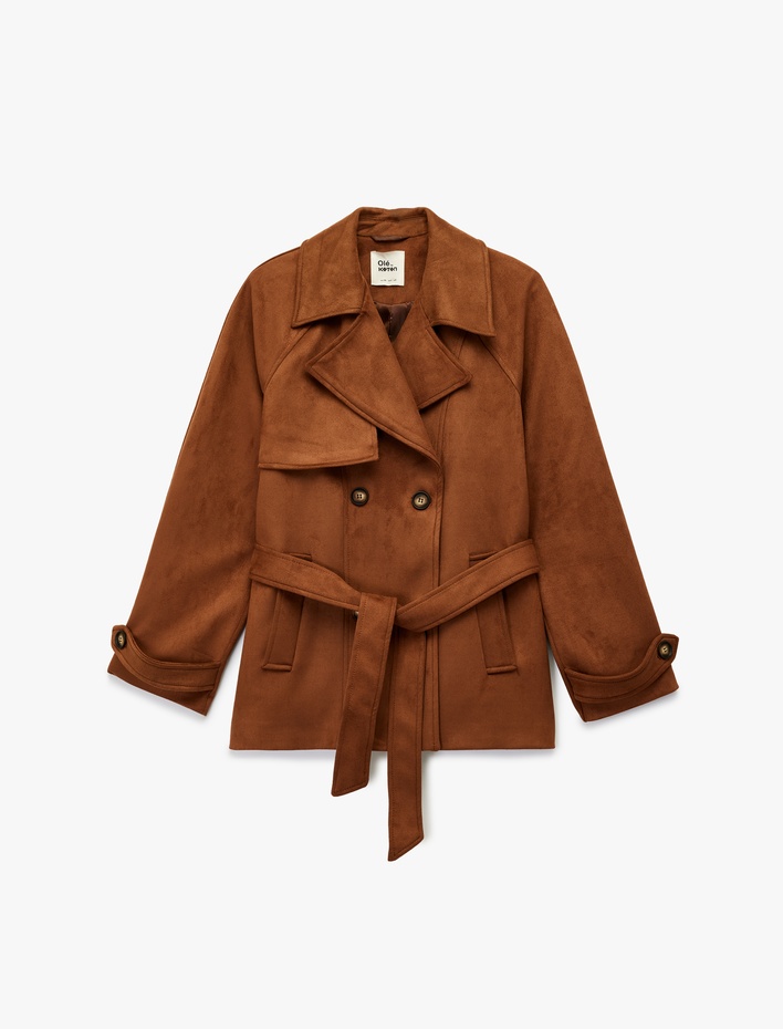  Kruvaze Yaka Cep Detaylı Kemerli Uzun Kollu Suni Süet Trençkot