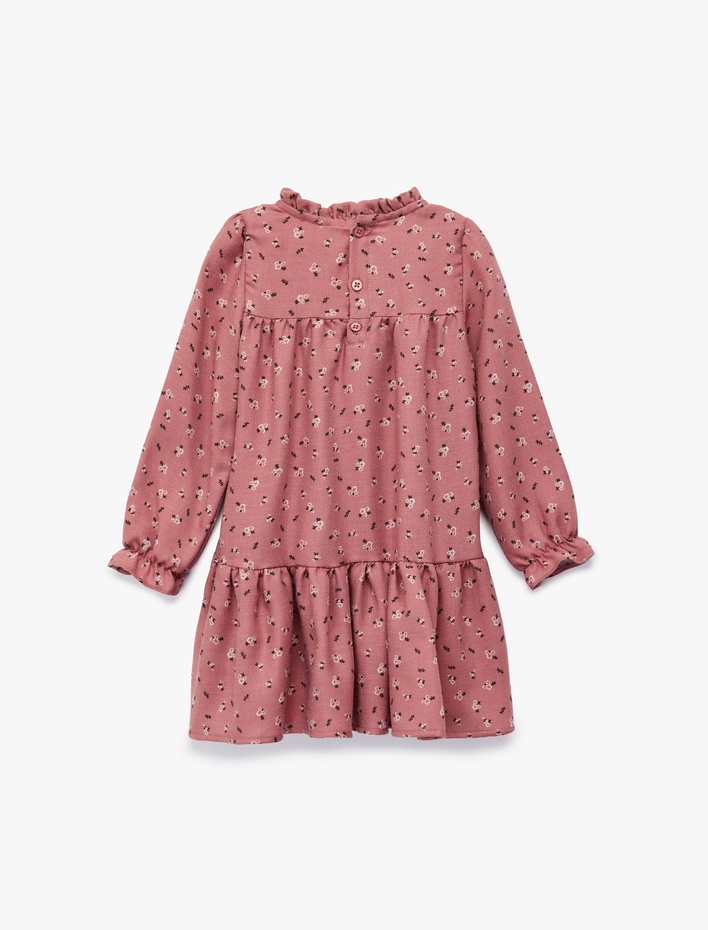 Kız Bebek Uzun Kollu Dik Yaka Çiçek Desenli Viskon Elbise